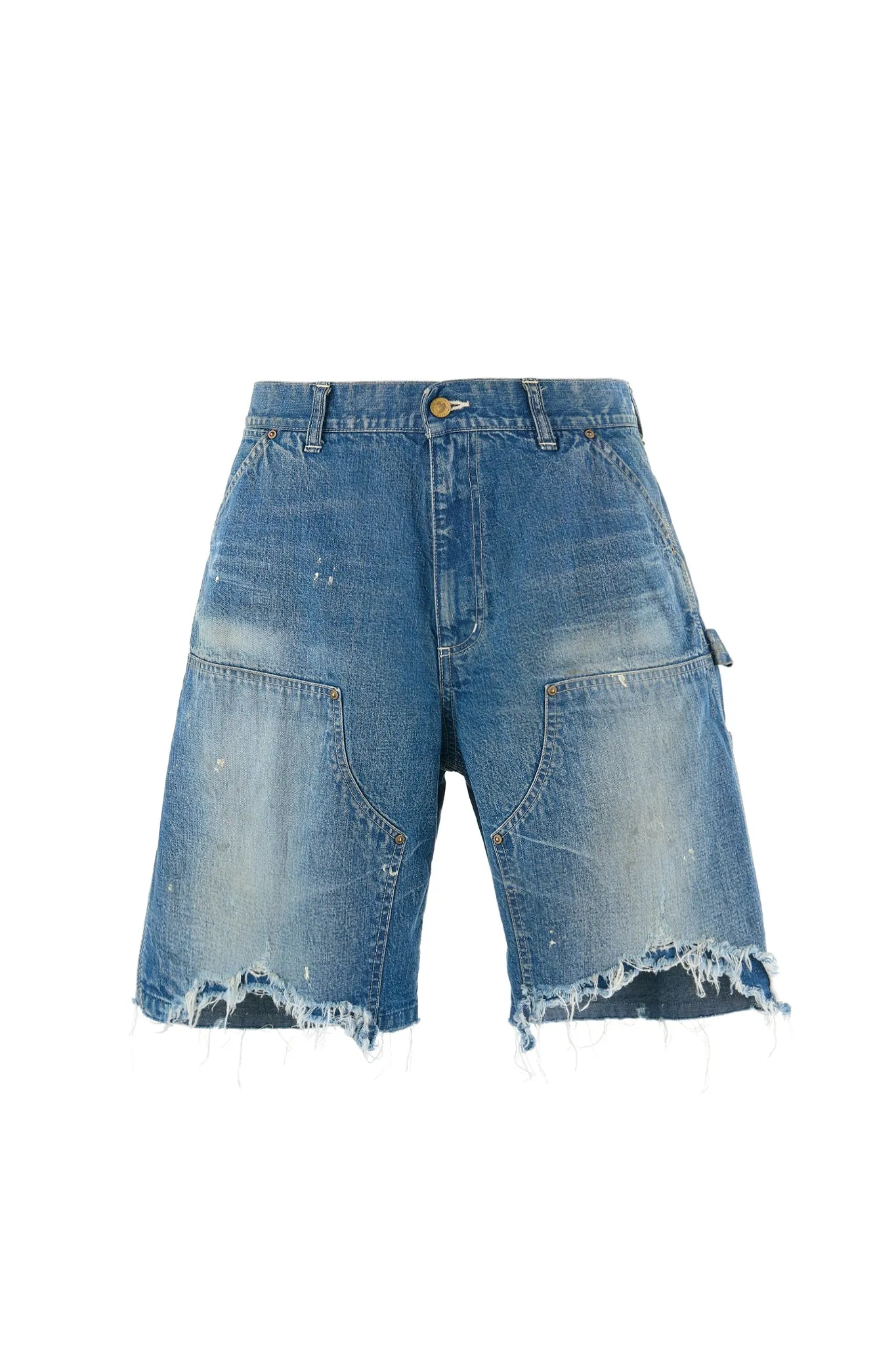 SAINT Mxxxxxx DOUBLE KNEE SHORTS/BLU Knee patches splashed with ink and water-splashed denim shorts. Denim blue S-XL. Custom-woven and dyed denim fabric with clear texture. Heavy-wash water-fading treatment to create local mottled fading/hole effects. Artificial distressing to simulate natural wearing marks. VINTAGE sense. Original consistent damage treatment. Hand-splashed ink and paint. Original consistent wash mark/pocket mark. Double knee patch. Rivet reinforcement. Improve functionality while enhancing design
